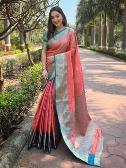 Odette - Women Peach Woven Design Tissue Silk Saree with Unstitched Blouse