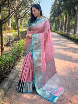 Odette - Women Pink Woven Design Tissue Silk Saree with Unstitched Blouse