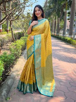 Odette - Women Yellow Woven Design Tissue Silk Saree with Unstitched Blouse