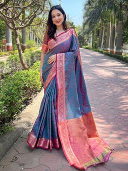 Odette - Women Navy Blue Woven Design Silk Blend Saree with Unstitched Blouse