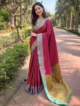 Odette - Women Pink Woven Design Silk Blend Saree with Unstitched Blouse