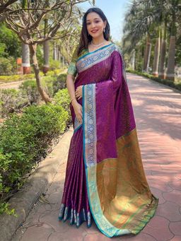 Odette - Women Purple Woven Design Silk Blend Saree with Unstitched Blouse