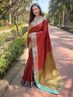 Odette - Women Rust Woven Design Silk Blend Saree with Unstitched Blouse