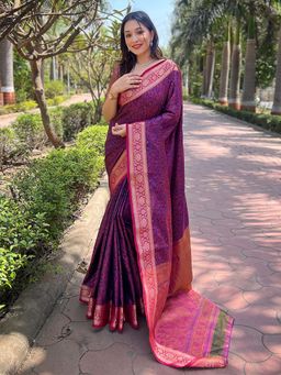 Odette - Women Dark Purple Woven Design Silk Blend Saree with Unstitched Blouse