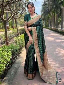 Odette - Women Green Woven Design Silk Blend Saree with Unstitched Blouse