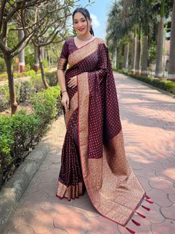 Odette - Women Maroon Woven Design Silk Blend Saree with Unstitched Blouse