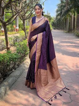 Odette - Women Purple Woven Design Silk Blend Saree with Unstitched Blouse