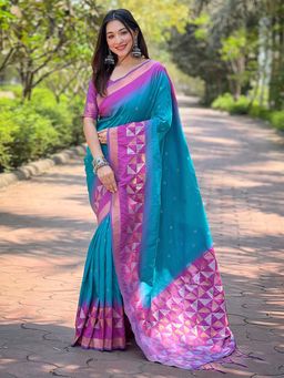 Odette - Women Blue Woven Design Soft Silk Saree with Unstitched Blouse