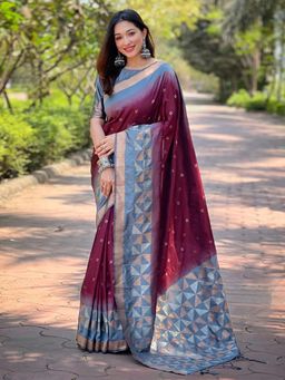 Odette - Women Maroon Woven Design Soft Silk Saree with Unstitched Blouse