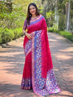 Odette - Women Hot Pink Woven Design Soft Silk Saree with Unstitched Blouse
