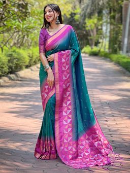 Odette - Women Teal Woven Design Soft Silk Saree with Unstitched Blouse