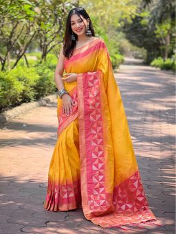 Odette - Women Yellow Woven Design Soft Silk Saree with Unstitched Blouse
