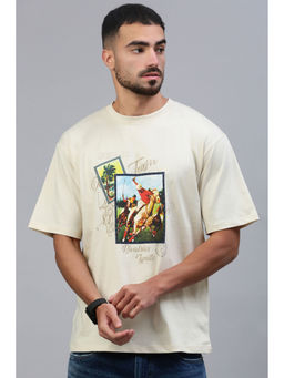 Classic Polo - Men's Half Sleeve Beige Slim Fit Printed Drop Shoulder T-Shirt