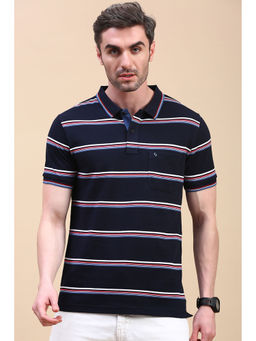 Classic Polo - Men's Half Sleeve Navy Blue Slim Fit Striped Polo T-Shirt