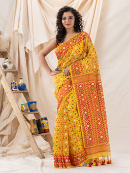Angoshobha - Traditional Yellow Soft Dhakai Jamdani Saree with Unstitched Blouse
