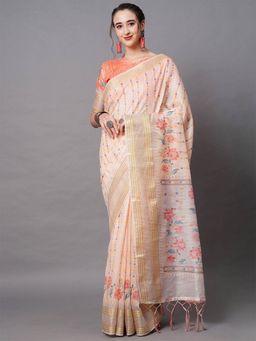 Odette - Peach Festive Linen Blend Printed Saree with Unstitched Blouse