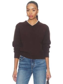525 - Double Neck Trim Women's V-Neck Pullover Sweater Brown