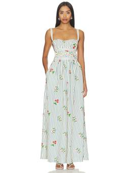 Agua Bendita - Basket Women's Striped Floral Embroidered Maxi Dress Off White