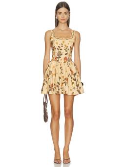 Agua Bendita - Ambra Women's Floral Print Smocked Back Mini Dress Beige