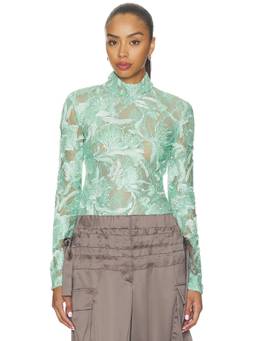AKNVAS - Beaded Lace Women's Sheer High Neck Blouse Green