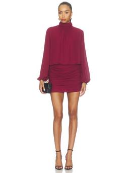 Amanda Uprichard - Ruched Women's High Neck Full Sleeves Bodycon Mini Dress Maroon