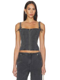 BY.DYLN - Women's Tailored Bow Detail Zip Front Crop Top Charcoal