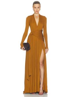 Cinq a Sept - Zaviana Women's Ruched Plunging Neck Gown Mustard