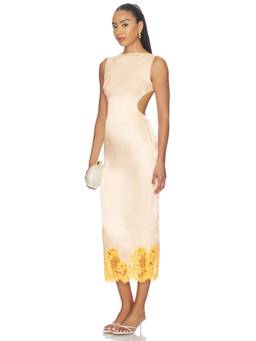 Camila Coelho - Glossy Linen Women's Open-Back Lace Trim Midi Dress Beige