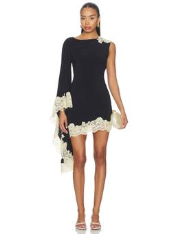 DE LA VALI - Lace Trim Women's One Shoulder Draped Mini Dress Black