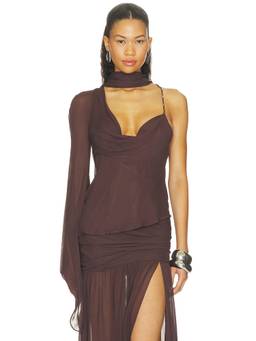 DE LA VALI - Malita Women's One Shoulder Georgette Top Brown