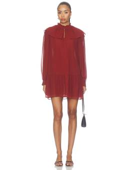 FRAME - Silk Georgette Women's Ruffled High Neck Mini Dress Red