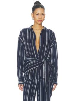 Favorite Daughter - Positano Women's Striped Waist-Tie Button-Down Shirt Navy Blue