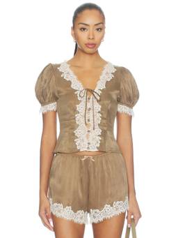 For Love & Lemons - Luna Women's Lace Trim Puff Sleeve Tie-Up Blouse Brown