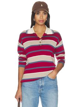 HEARTLOOM - Magnolia Women's Striped Button Polo-Collar Sweater Red