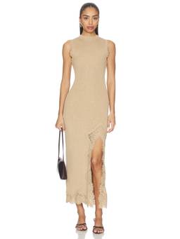 L'Academie - Votella Lace Women's Sleeveless High Neck Midi Dress Beige