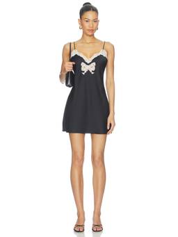 LoveShackFancy - Satin Lace Trim Women's Bow Detail Mini Slip Dress Black