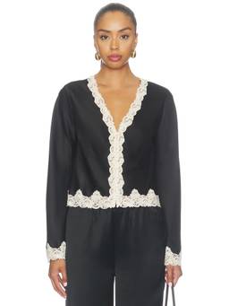 LoveShackFancy - Fioretta Women's Lace Trim Crepe Blouse Black