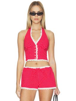 MAJORELLE - Polka Dot Women's Lace Trim Halter Bikini Top Red