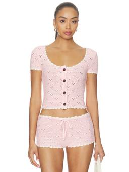 MAJORELLE - Short Sleeve Crochet Knit Button Front Sleep Top Pink