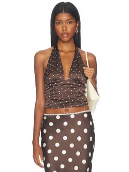 MAJORELLE - Mabel Women's Polka Dot Halter Neck Crop Top Brown