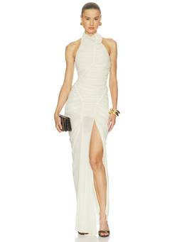 Maygel Coronel - Opal Women's Ruched Sheer Halter Maxi Dress Off White