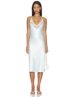 MORE TO COME - Brodie Women's Satin Lace Trim Halter Neck Midi Dress Blue
