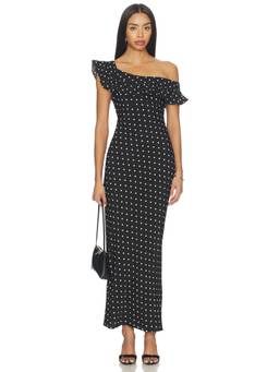 MORE TO COME - Monroe Women's Polka Dot Ruffled Off Shoulder Maxi Dress Black