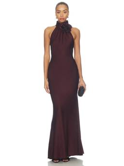 Nadine Merabi - Satin Women's Halter Neck Rosette Detail Maxi Dress Brown
