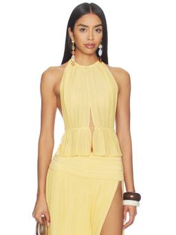 NBD - Plisse Chiffon Women's Halter Neck Back Tie Top Yellow