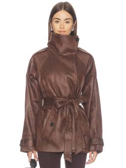 NIA - Faux Suede Women's Tie-Waist Funnel Neck Jacket Brown