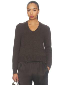 NILI LOTAN - Vicki Women's V-Neck Ribbed Hem Pullover Sweater Brown