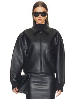Norma Kamali - Oversized Women's Faux Leather Zip Front Bomber Jacket Black