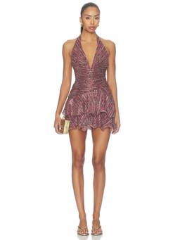 PatBO - Rose Mirage Women's Halter Plisse Ruffled Mini Dress Metallic