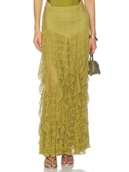 PatBO - Petal Sheen Women's Ruffle Mesh Maxi Swim Cover-Up Skirt Green